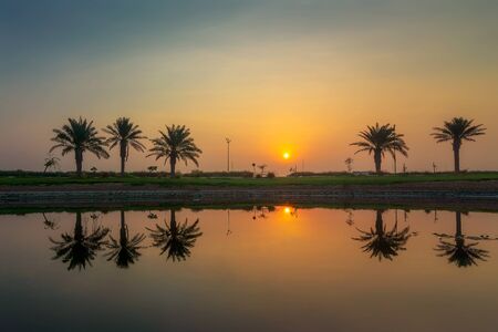 morning drama sunrise view in Modon lake Dammam Saudi Arabiaの写真素材