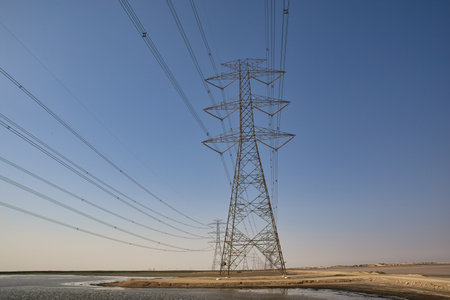 High Power Electric transmission grid lines in the desert.Dammam -Saudi Arabia.の写真素材