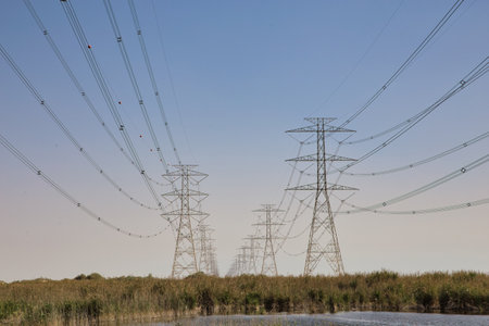 High Power Electric transmission grid lines in the desert.Dammam -Saudi Arabia.の写真素材