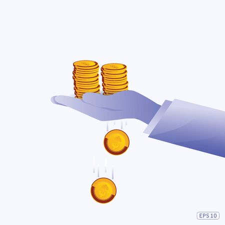 Collect gold coin in hand for saving. Blue background. Money collected for charity. Concept of savings. Vector illustration flat design. Graphic design.のイラスト素材