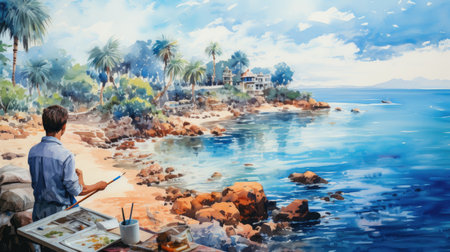 Back view of young man painting on canvas on the seashoreの素材