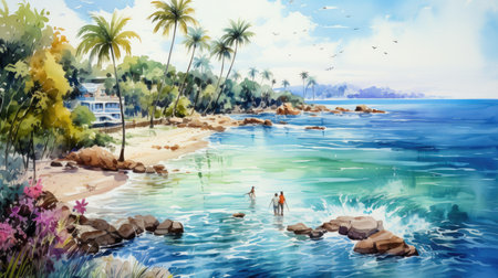 Digital painting of a beach with palm trees and people on itの素材