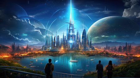 Fantasy alien planet and fantasy city at night. 3D renderingの素材
