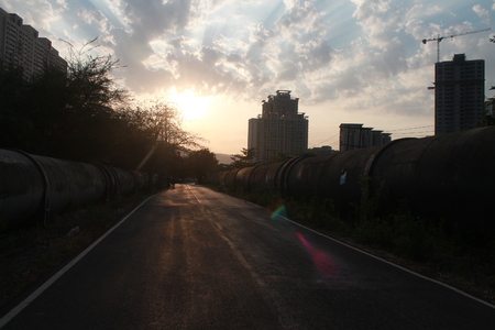 sunshine shadow on the roadの写真素材