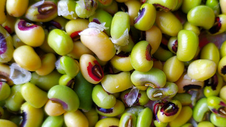 Close up of green black eye peas in market,Thailand.の写真素材