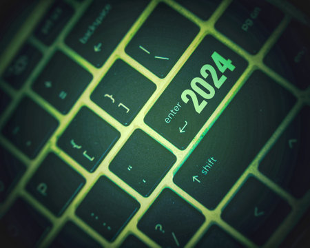 Enter in 2024 keyboard text signs with Green yellow backgroundの写真素材