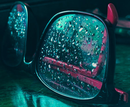Rain drops on glasses of aqua red colored eyewear computer bluecut glass reflecting in daylight on floorの写真素材