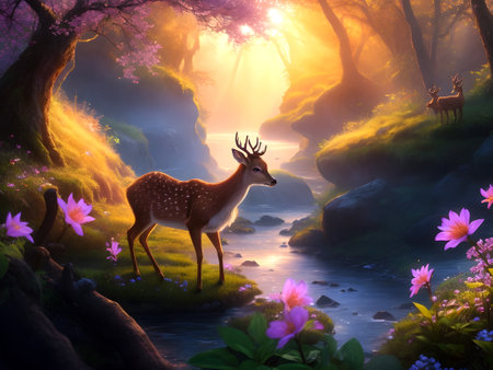 Fantasy landscape with deer and flowers, 3d rendering. Computer digital drawing.の素材