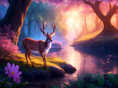 Beautiful deer in the forest at sunrise. 3D rendering.の素材