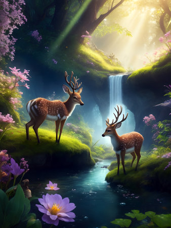 Two deer in the forest with a waterfall in the background. 3d renderの素材