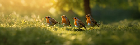 Group of European robin (Erithacus rubecula) in the sunの素材