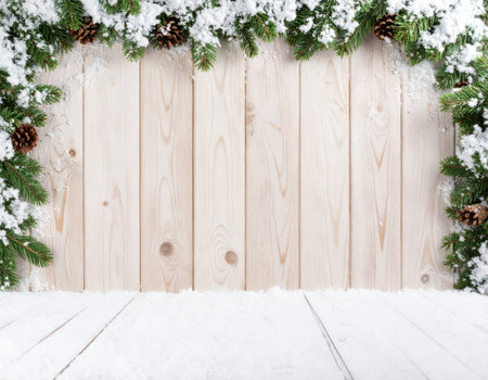 Christmas background with snow fir tree and pine cones on wooden planksの素材