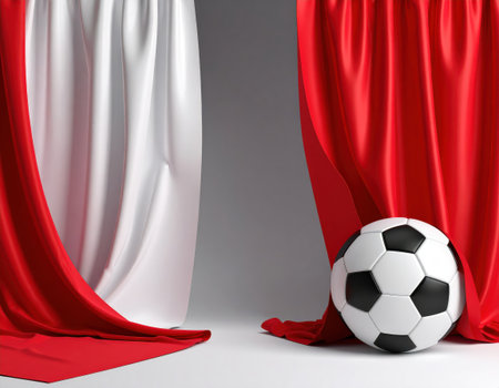 Soccer ball and red curtain on the stage. 3D illustrationの素材