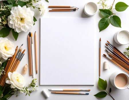Flat lay composition with blank sheet of paper, pencils and flowers on white backgroundの素材