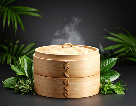 Bamboo steamer with herbs on a black background with tropical leavesの素材