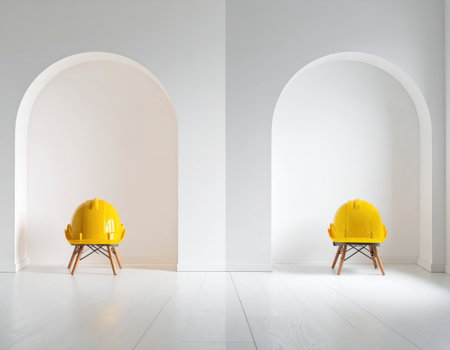 White and yellow construction helmets in a white room. 3d renderingの素材