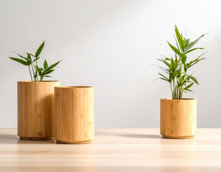 Indoor plants in wooden vases on wooden table with white wallの素材