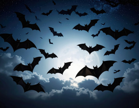 Halloween background with bats flying in the night sky and full moonの素材