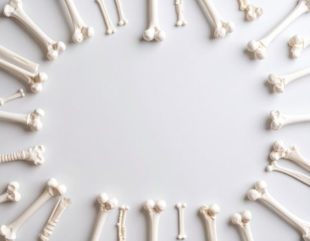 White bones on a white background. Top view. Copy space.の素材