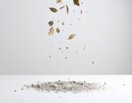 Wheat flour falling into the air on a white background. Selective focus.の素材