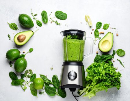 Green smoothie in blender with ingredients for making smoothie, top viewの素材