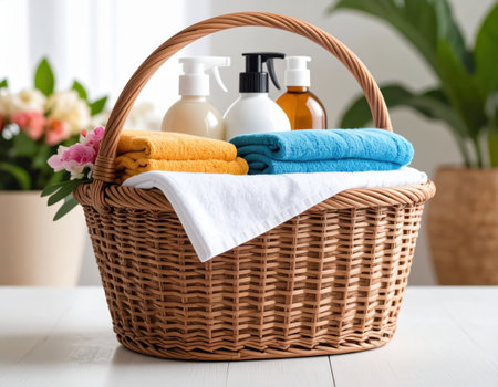 Basket with clean towels and bottles of shampoo on white wooden tableの素材
