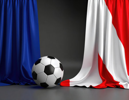 Soccer ball and flag of Austria behind the curtain. 3D illustrationの素材