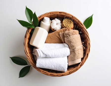 Spa and wellness setting with towels, soap, salt and soapsの素材