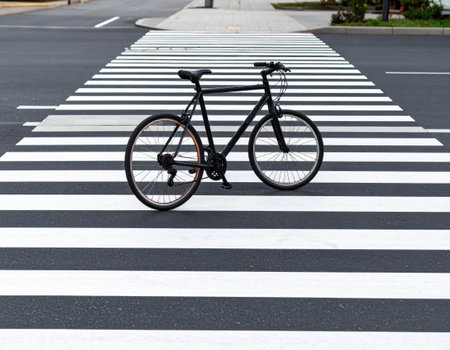 Bicycle on zebra crossing in the city, closeup of photoの素材