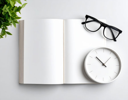 White office desk table with blank notebook, clock and glasses. Top view with copy spaceの素材