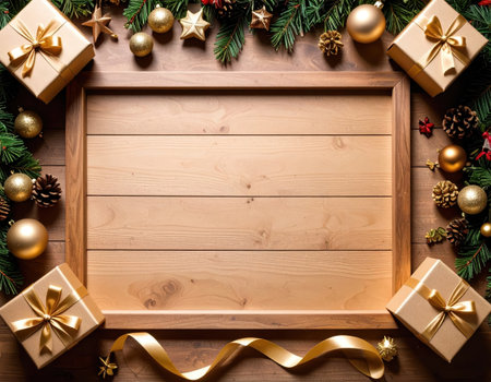 Wooden frame with christmas decorations and gift boxes on wooden backgroundの素材