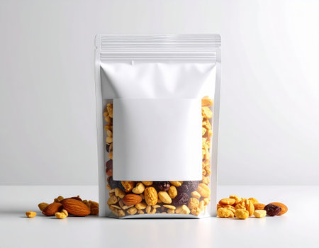 Mixed nuts in a plastic bag on a white background. 3d renderingの素材