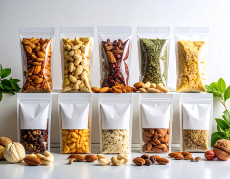 Assortment of nuts in plastic package on white background. Healthy food concept.の素材