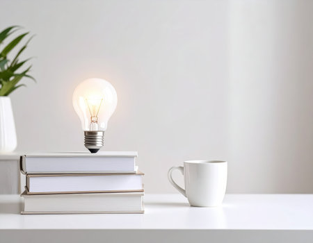 Light bulb on books and cup of coffee on white table in roomの素材