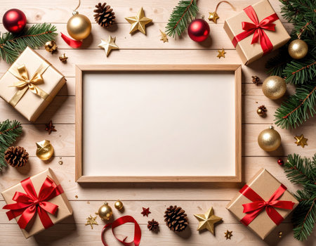 Christmas background with decorations and gift boxes. Top view with copy spaceの素材