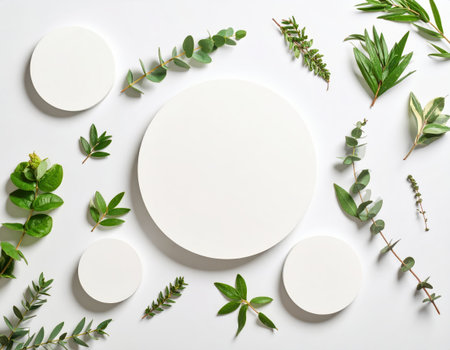 Blank round labels with eucalyptus branches on white backgroundの素材
