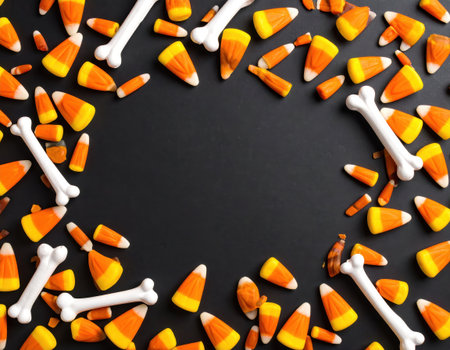 Halloween background with candy corn and bones. Top view, copy spaceの素材