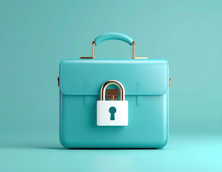 Blue briefcase with padlock on blue background. 3D renderingの素材