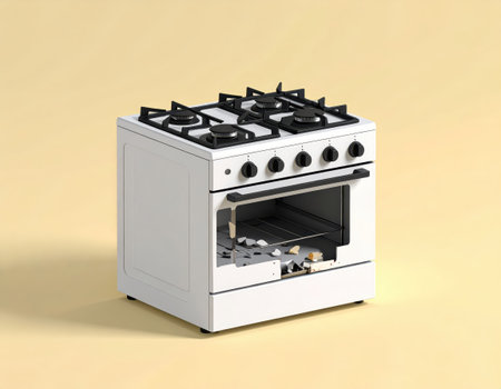 Modern white electric stove on a yellow background. 3d rendering.の素材