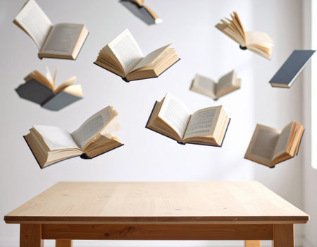 Open book flying on wooden table in library. Back to school conceptの素材