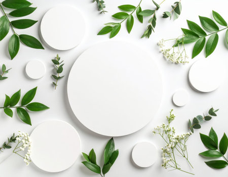 Flowers composition. White round podium and green leaves on white background. Flat lay, top view, copy spaceの素材