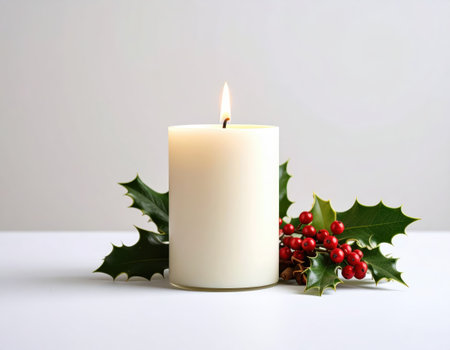 Christmas candle with holly leaves and red berries on a white backgroundの素材