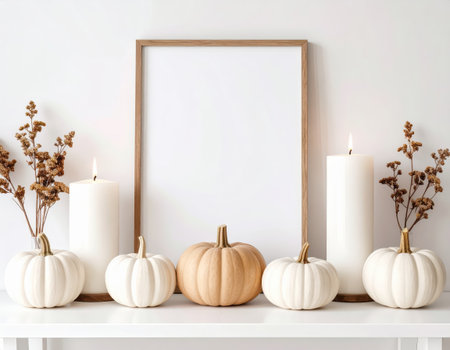 Pumpkins, candles and dried flowers on white shelf in interiorの素材