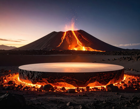 Empty round table on the background of volcano Etna, Sicily, Italyの素材