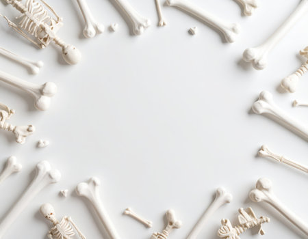 White bones on white background. Flat lay, top view, copy spaceの素材