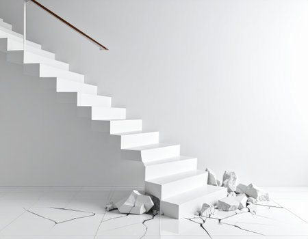 3d rendering of white stairs in the white room with broken wallの素材