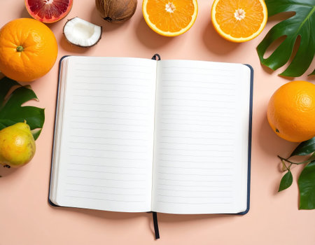 Open notebook with blank pages and citrus fruit on pink background. Top viewの素材