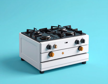 Modern white gas stove on blue background with shadow 3d render illustrationの素材