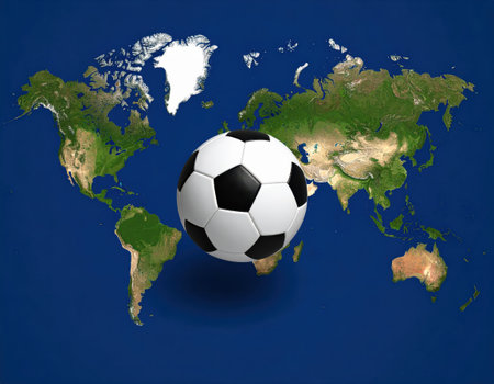 Soccer ball on world map background. Elements of this image furnished by NASAの素材