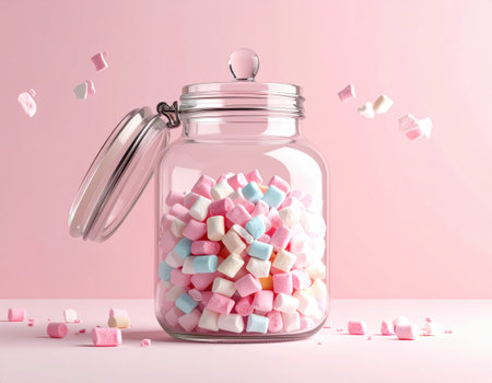 Glass jar full of colorful marshmallows on pastel pink backgroundの素材